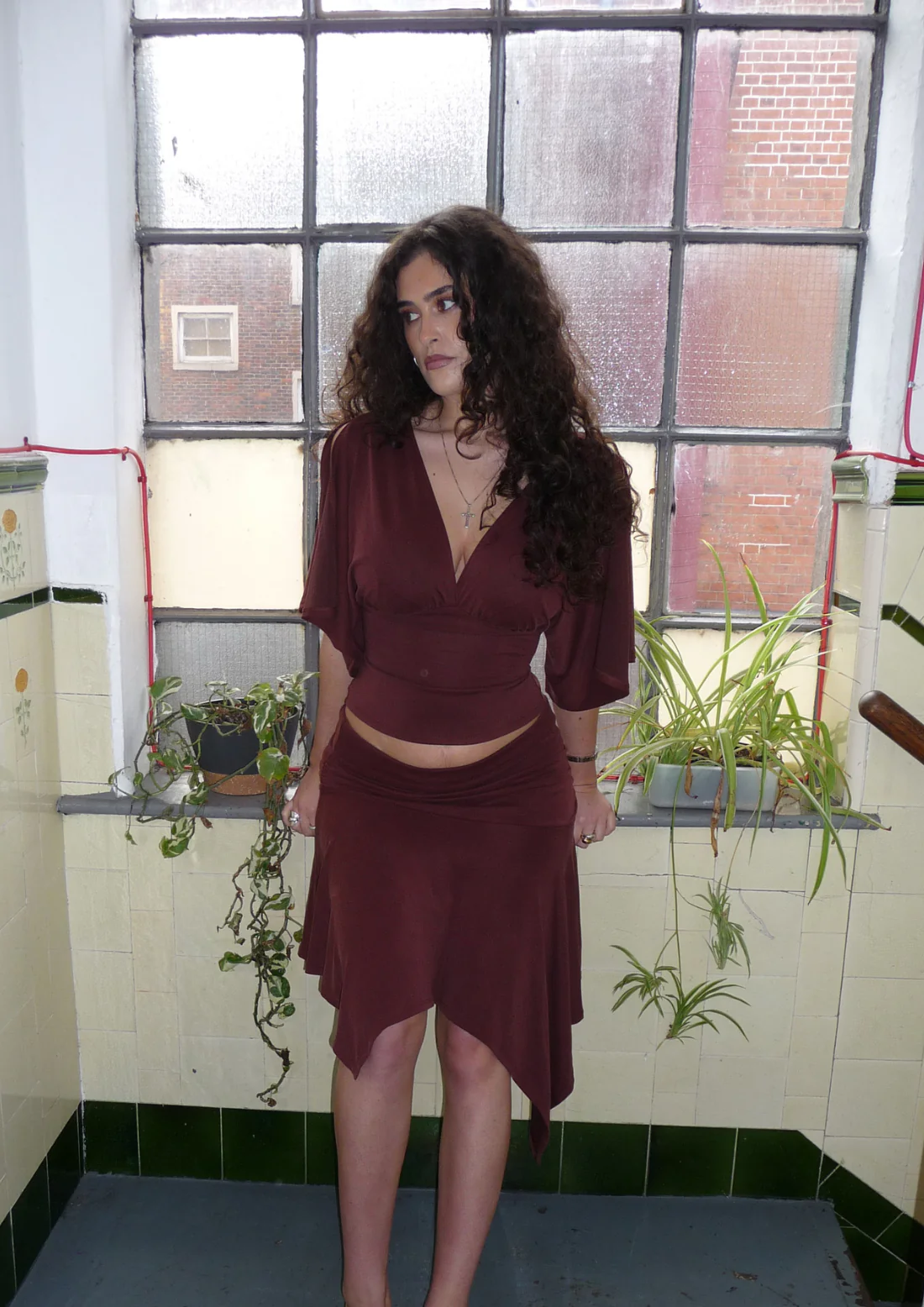 Asymmetric Draped Midi Skirt In Chocolate Modal - Image 5